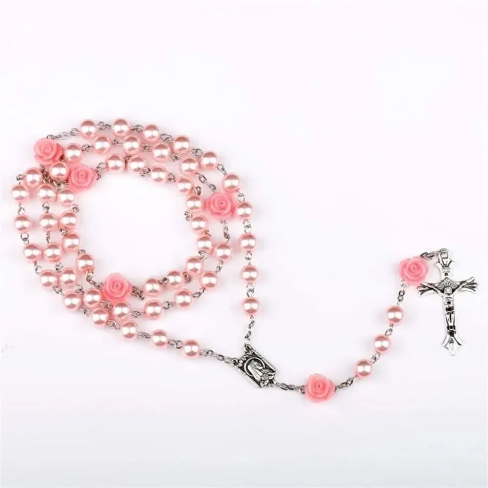6MM Pink Pearl Beaded Rose Rosary Necklace Women Chain Crucifix Cross Pendant